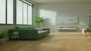 Robô aspirador inteligente limpando o piso de madeira de uma sala de estar moderna e iluminada pela luz do sol.