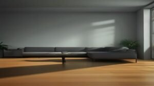 Robô aspirador com mapeamento inteligente limpando o piso de madeira de uma sala de estar moderna