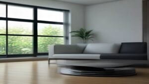 Robô aspirador inteligente de última geração acoplado em sua base de autolimpeza em uma sala de estar moderna com piso de madeira.