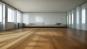 Robô aspirador moderno funcionando em piso de madeira limpo em uma sala de estar bem iluminada.