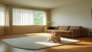 Robô aspirador inteligente limpando piso de madeira em sala de estar moderna com cão Golden Retriever ao fundo.