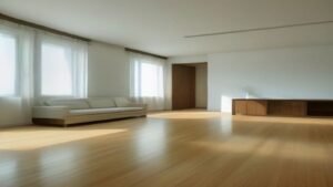 Robô aspirador moderno acoplado à base autolimpante em uma sala de estar bem iluminada com piso de madeira.