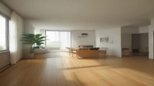 Robô aspirador inteligente limpando piso de madeira em uma sala de estar moderna e bem iluminada.