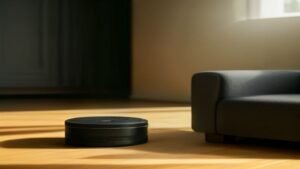 Robô aspirador inteligente limpando o piso de madeira de uma sala de estar moderna e ensolarada.