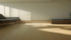 Robô aspirador barato limpando piso de madeira em uma sala de estar moderna e iluminada