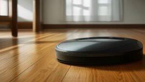 Robô aspirador de alta tecnologia realizando a limpeza em uma sala de estar moderna e iluminada.