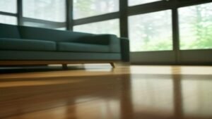 Robô aspirador e passa-pano inteligente limpando o piso de madeira em uma sala de estar moderna e iluminada.