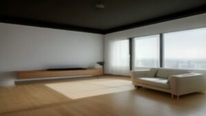 Robô aspirador inteligente de alta tecnologia limpando um piso de madeira em uma sala de estar moderna e bem iluminada.