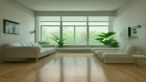 Robô aspirador e passa-pano inteligente limpando piso de madeira em sala de estar moderna e bem iluminada.