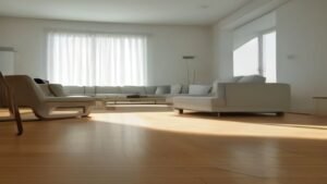Robô aspirador inteligente limpando e passando pano em piso de madeira em sala de estar moderna.