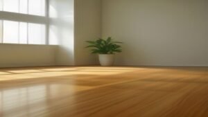 Robô aspirador e passa pano inteligente limpando piso de madeira em sala moderna.