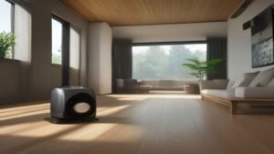 Robô aspirador com sensor de mapeamento laser limpando chão de madeira em uma sala moderna iluminada.