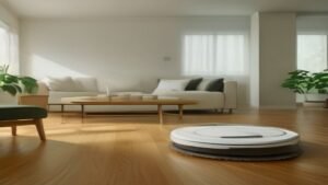 Robô aspirador com mop giratório duplo limpando um piso de madeira claro em uma sala de estar moderna e iluminada.