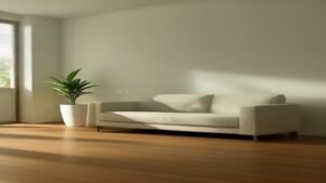 Robô aspirador inteligente limpando o chão de madeira de uma sala de estar moderna e iluminada.