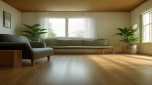 Robô aspirador inteligente limpando o piso de madeira de uma sala de estar moderna e iluminada
