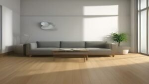 Robô aspirador de pó inteligente limpando um piso de madeira em uma sala de estar moderna e bem iluminada.
