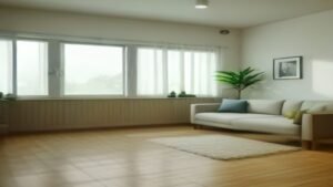Aspirador de pó robô em uma sala de estar moderna e clean
