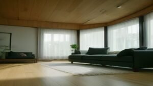 Robô aspirador de alta tecnologia limpando uma sala de estar moderna e iluminada.