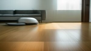 Robô aspirador moderno realizando a limpeza em uma sala de estar com piso de madeira, iluminada por luz natural.