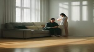 Robô aspirador de alta performance limpando uma sala de estar moderna enquanto o dono relaxa no sofá.
