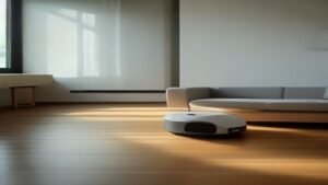 Robô aspirador de pó moderno limpando o chão de uma sala de estar iluminada.