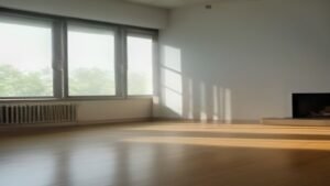 Robô aspirador moderno limpando o chão de uma sala de estar iluminada e organizada.
