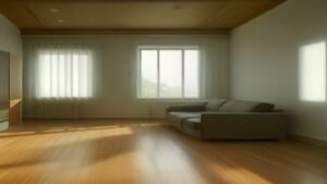 Aspirador de pó robô limpando o piso de uma sala de estar moderna e iluminada.