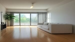 Robô aspirador e passador de pano em uma sala de estar moderna e iluminada