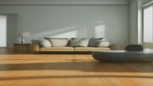 Robô aspirador WAP limpando piso de madeira em uma sala de estar iluminada