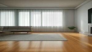 Robô aspirador moderno realizando a limpeza em uma sala de estar organizada