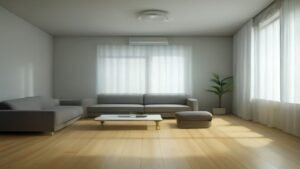 Robô aspirador moderno limpando o piso de uma sala de estar iluminada