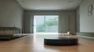Robô aspirador inteligente mapeando uma sala de estar moderna com luz natural.