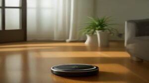 Robô aspirador moderno voltando para sua base de carregamento em uma sala de estar elegante.