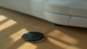 Robô aspirador parado no meio da sala de estar precisando de reparos