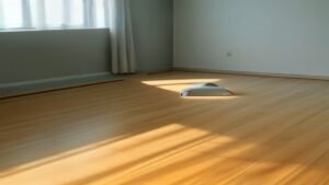 Robô aspirador conectado à sua base de carregamento em uma sala de estar iluminada.