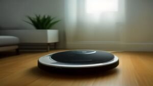 Robô aspirador conectado à base de carregamento em um ambiente doméstico moderno.