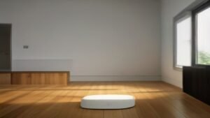 Robô aspirador Xiaomi S20 limpando o chão de uma sala de estar moderna e iluminada.