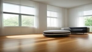 Robô aspirador Xiaomi S20 realizando limpeza em uma sala de estar moderna e iluminada.