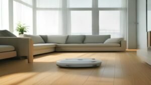 Robô aspirador Xiaomi S20 limpando o chão de uma sala de estar moderna e iluminada.