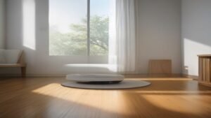 Robô aspirador Xiaomi S20 limpando o piso de madeira de uma sala de estar moderna e iluminada