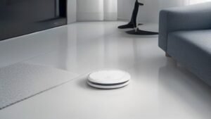Smartphone sendo utilizado para configurar o robô aspirador Xiaomi S20 pelo aplicativo em ambiente doméstico.