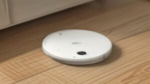 Pessoa segurando smartphone configurando o aplicativo Mi Home para o robô aspirador Xiaomi S20 em uma sala moderna.