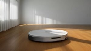 Robô aspirador Xiaomi S20 branco realizando mapeamento a laser no chão de madeira de uma sala de estar moderna.