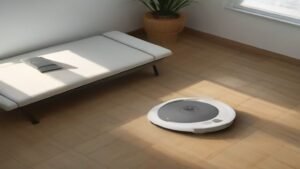 Xiaomi S20 com a tampa superior aberta mostrando a localização do reservatório de pó em ambiente residencial iluminado.