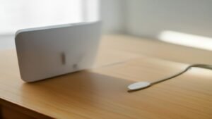 Smartphone moderno carregando rapidamente sobre uma mesa de escritório limpa.