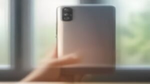 Smartphone Xiaomi nas mãos de um usuário com tela exibindo estatísticas de bateria em um ambiente de escritório.