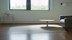 Aspirador robô Xiaomi limpando sala de estar integrada a alto-falante Google Home