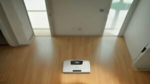 Robô aspirador Xiaomi S20 realizando a limpeza de piso de madeira em uma sala de estar moderna.