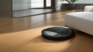 Robô aspirador Xiaomi subindo em um tapete em uma sala de estar iluminada