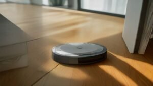 Robô aspirador WAP Robot W90 limpando o piso de uma sala de estar moderna
